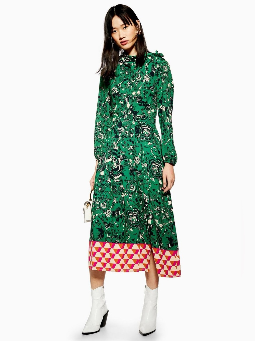 TOPSHOP | Floral Prints Midi Dress with Pink Geometric Hem